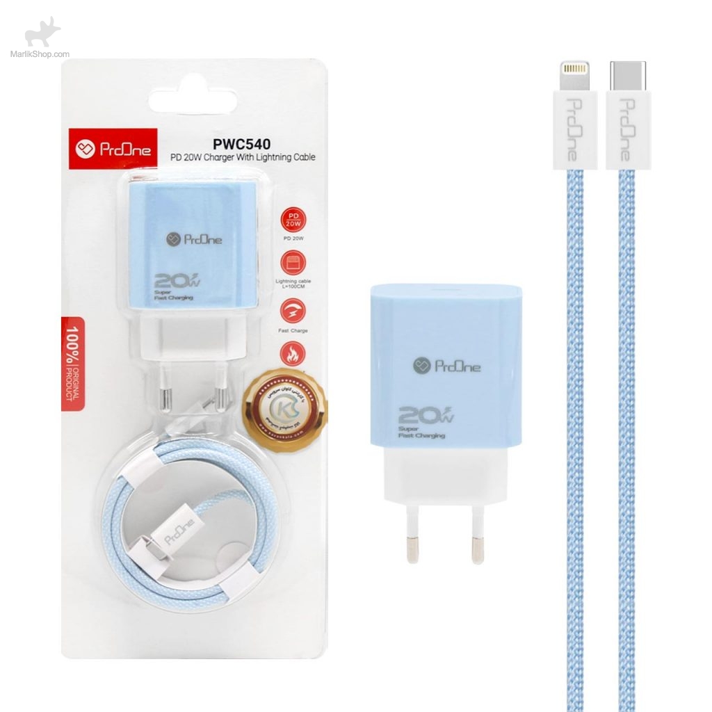 شارژر دیواری 20W فست و PD تک پورت ProOne مدل PWC540 به همراه کابل شارژ Type-C to Lightning