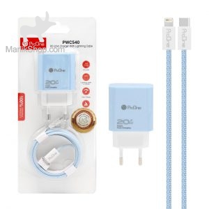 شارژر دیواری 20W فست و PD تک پورت ProOne مدل PWC540 به همراه کابل شارژ Type-C to Lightning