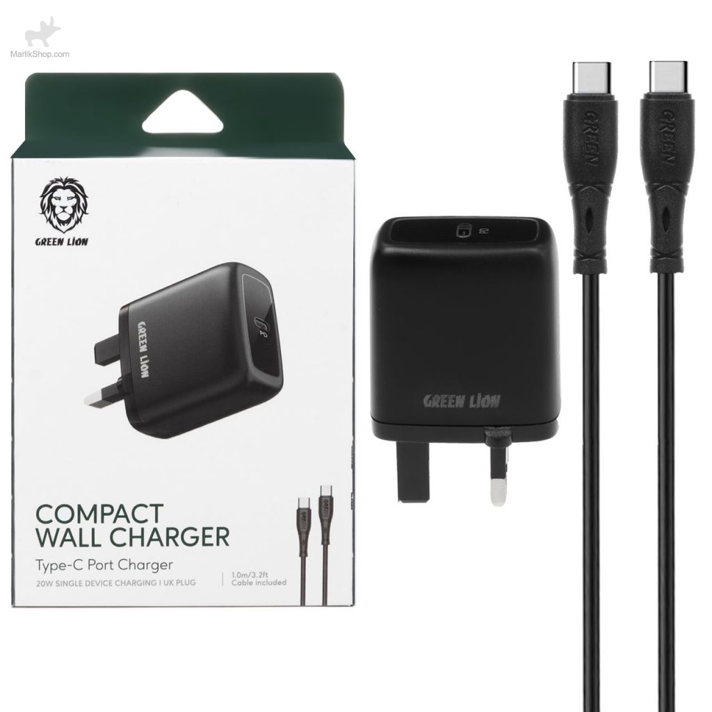 شارژر دیواری فست و PD تک پورت Green Lion مدل GN20UKCCBK 20W به همراه کابل شارژ Type-C –