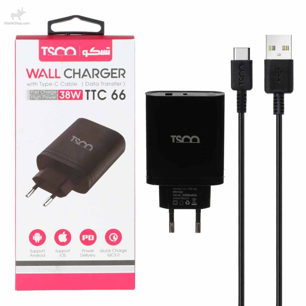 شارژر دیواری PD و فست دو پورت تسکو مدل TTC66 38W همراه با کابل شارژ TYPE-C –