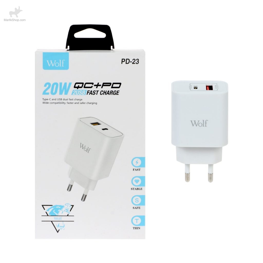 7-168802106527-1024x1024 شارژر دیواری فست و PD دو پورت Wolf مدل PD-23 20W - تصویر 1